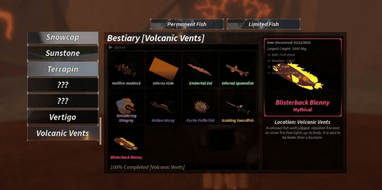 Hướng Dẫn Hoàn Thành Volcanic Vents Bestiary trong Fisch Roblox